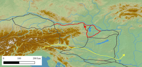 Mapa franckých tažení; červenou je trasa vojska Karla Velikého na podzim 791, žlutou předpokládaná trasa tažení v létě 791 a v letech 795–796