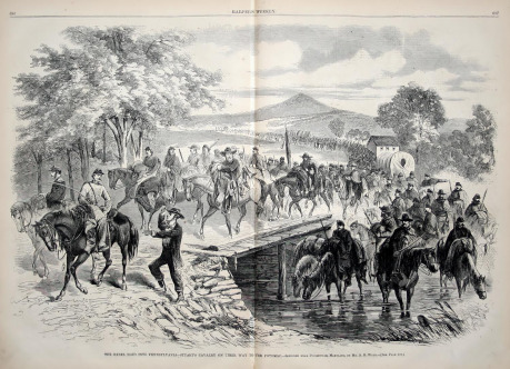 Oddíl jižanské kavalerie při výpadu na seveřanské území. Domníváme se, že pátým jezdcem zleva není nikdo jiný než pan Samuel Elisha Figgins.