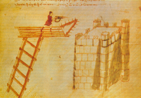 Iluminace ručního sifonu ze spisu Herona Byzantského o dobývacích strojích, odborníka – mimo jiné – na pumpy (10.–11. století, datování ilustrace nejasné).